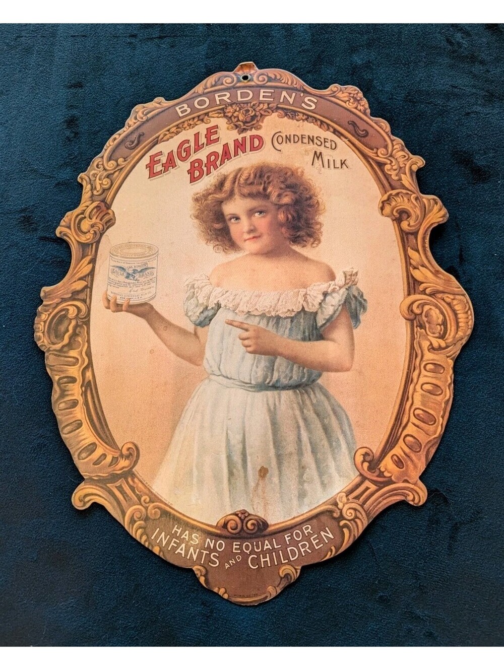 Antique 1900 Borden's Eagle Brand Condensed Milk Die Cut Cardboard Sign Girl Ad